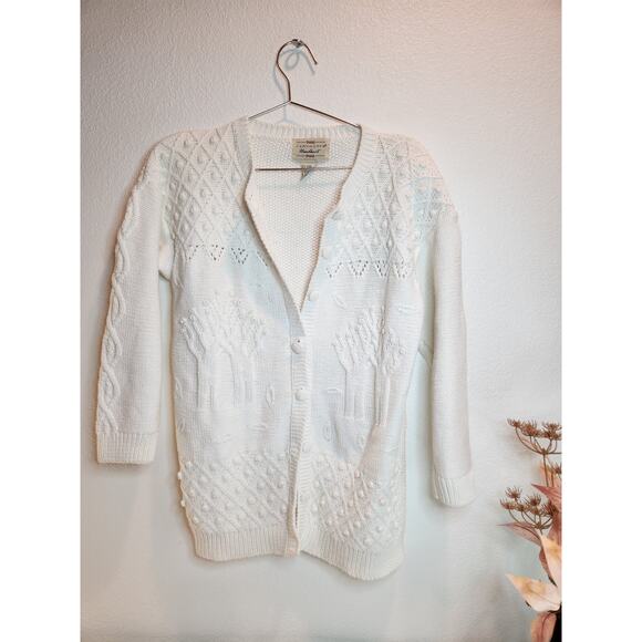 vintage Yarnworks Handknit Ramie Cotton Cardigan Sweater White Textured Knit M - Picture 1 of 7